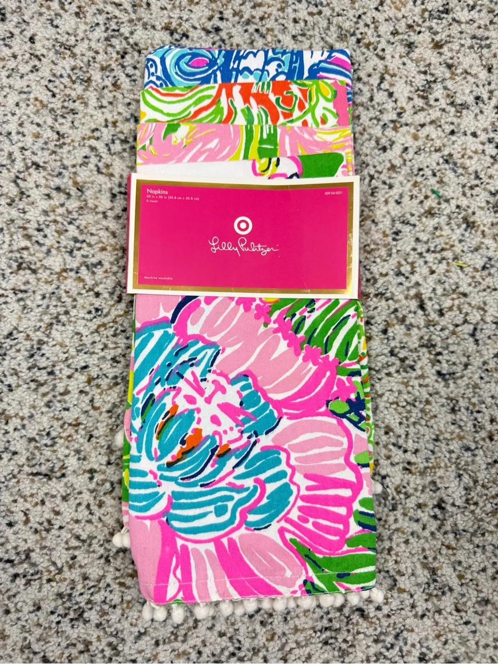 Lilly Pulitzer Napkins 4 Piece Pom Pom Trim Pink Green Blue Cotton Fan Dance